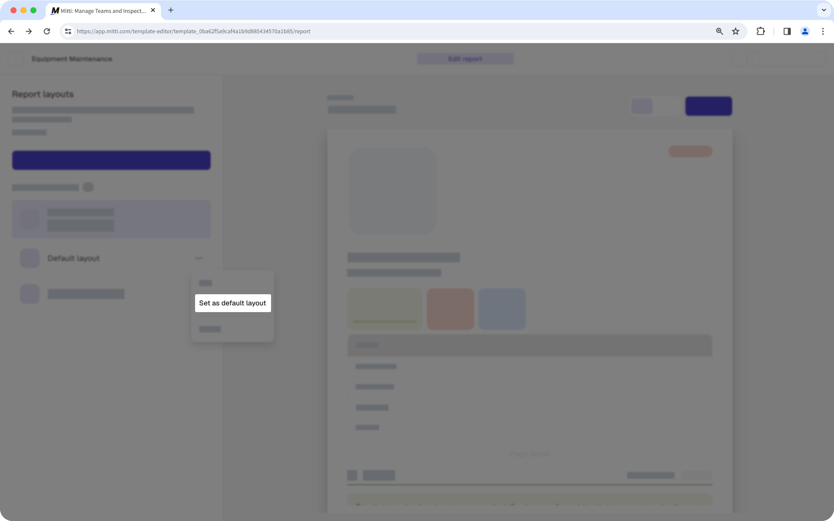 Der Berichtslayout-Editor, in dem die Option „Als Standardlayout festlegen“ angezeigt wird.