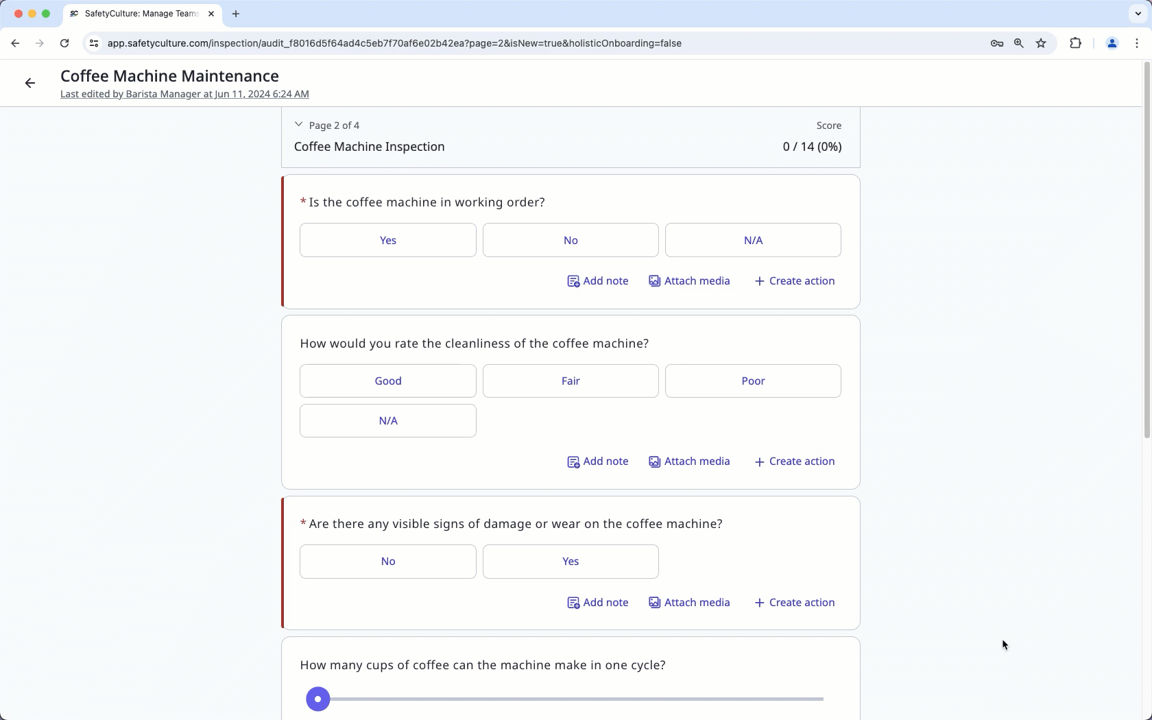Un ejemplo de una inspección configurada con puntuación a través de la aplicación web.