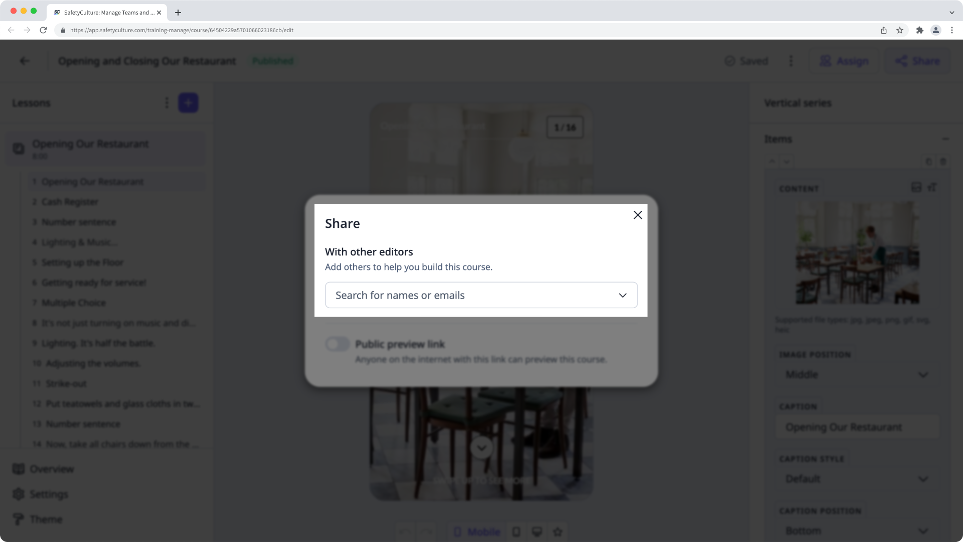 Share a course with others for editing via the web app.