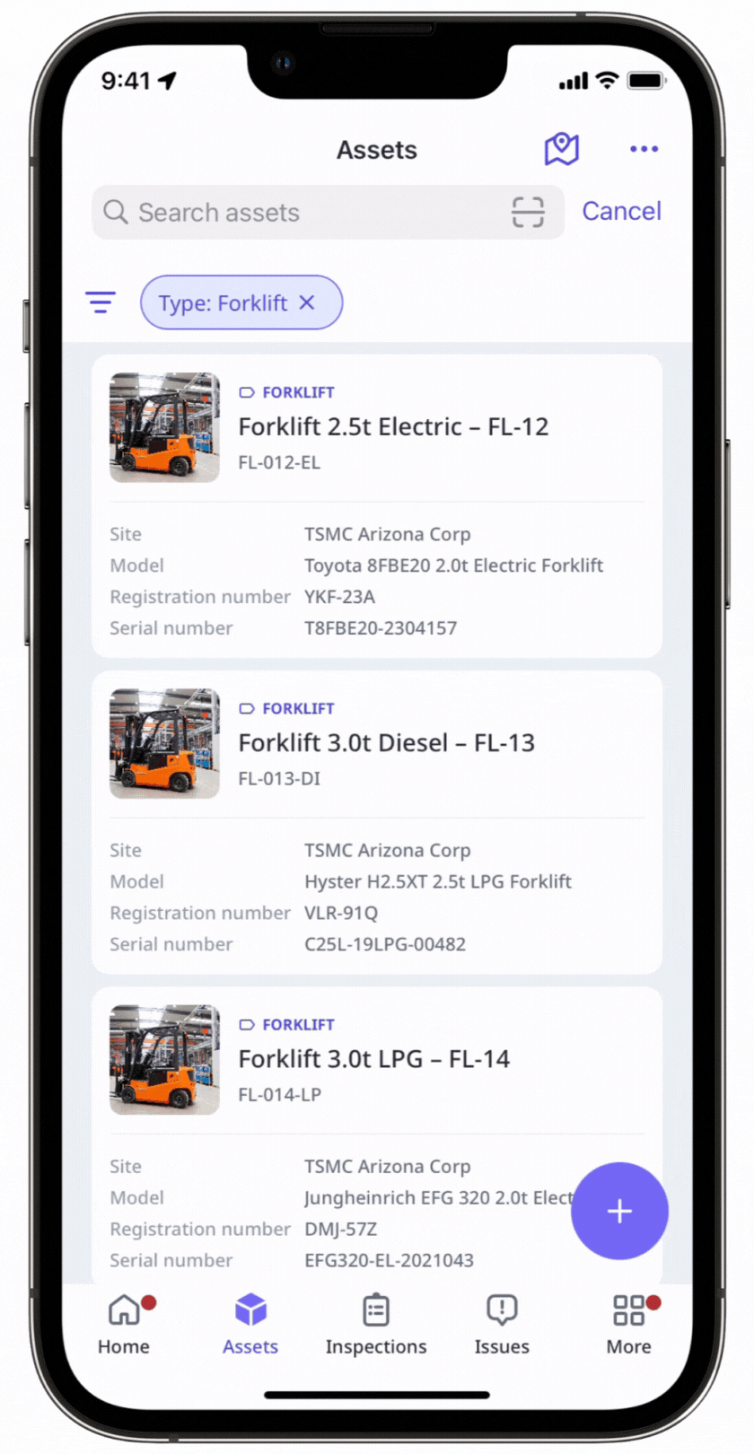 Filtrer vos actifs par site, type et actions ouvertes via l'application portable.