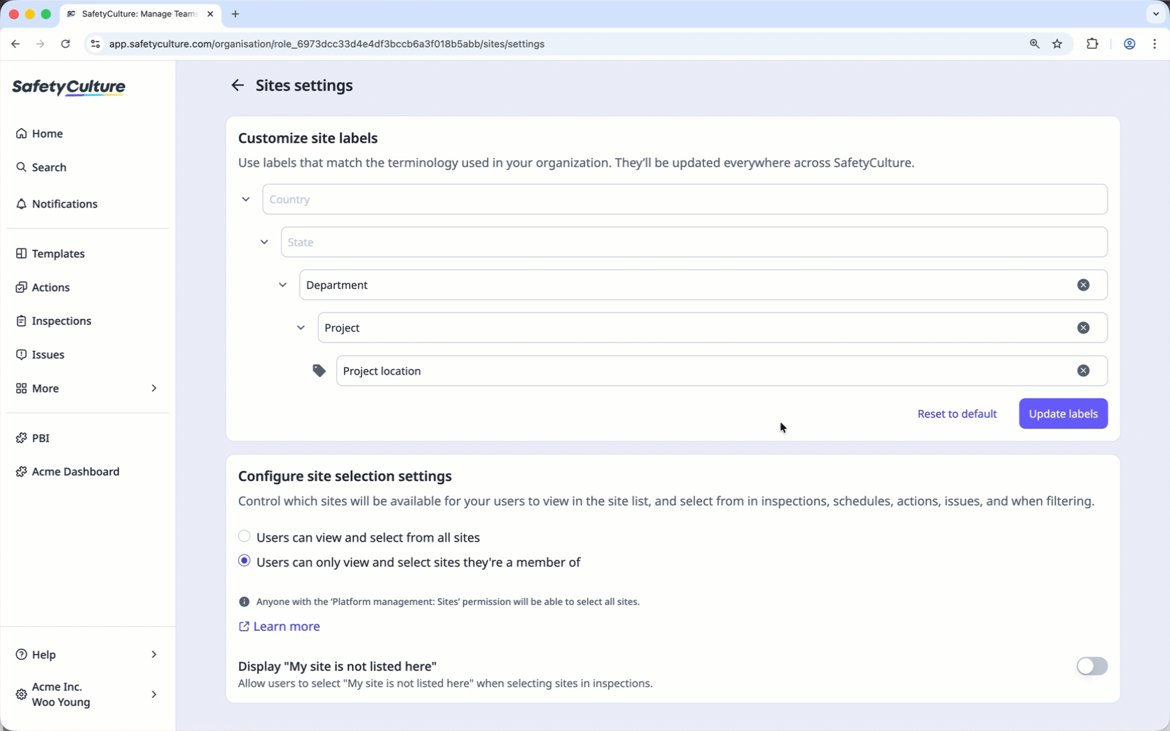 Reset site labels back to default via the web app.