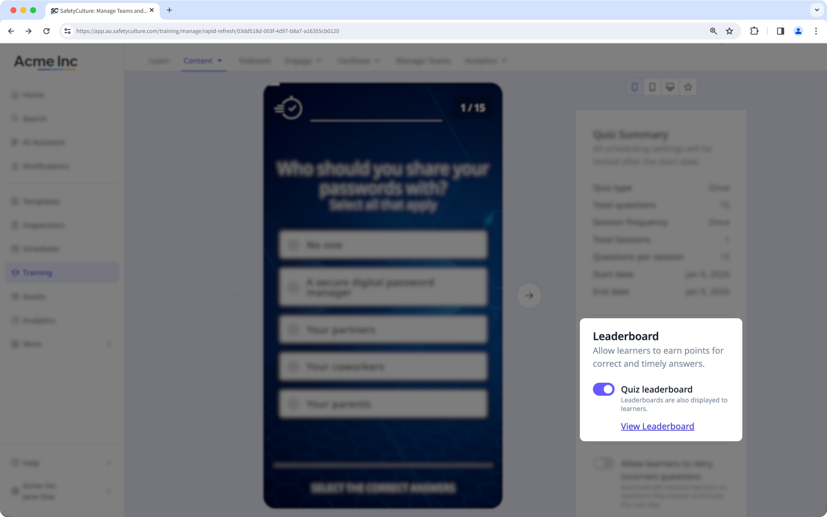Activar la tabla de clasificación del cuestionario a través de la aplicación web.