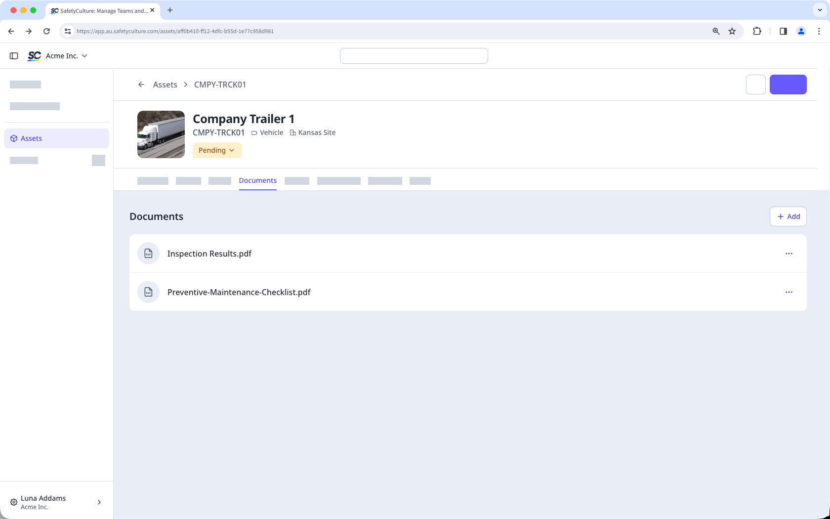 The documents tab on an asset profile page, showing PDF files uploaded to the asset.