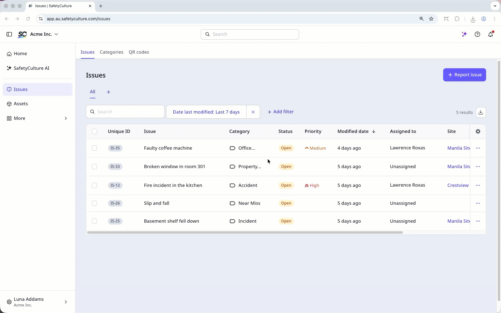 Download issues as CSV by clicking the download button on the upper right corner of the page.