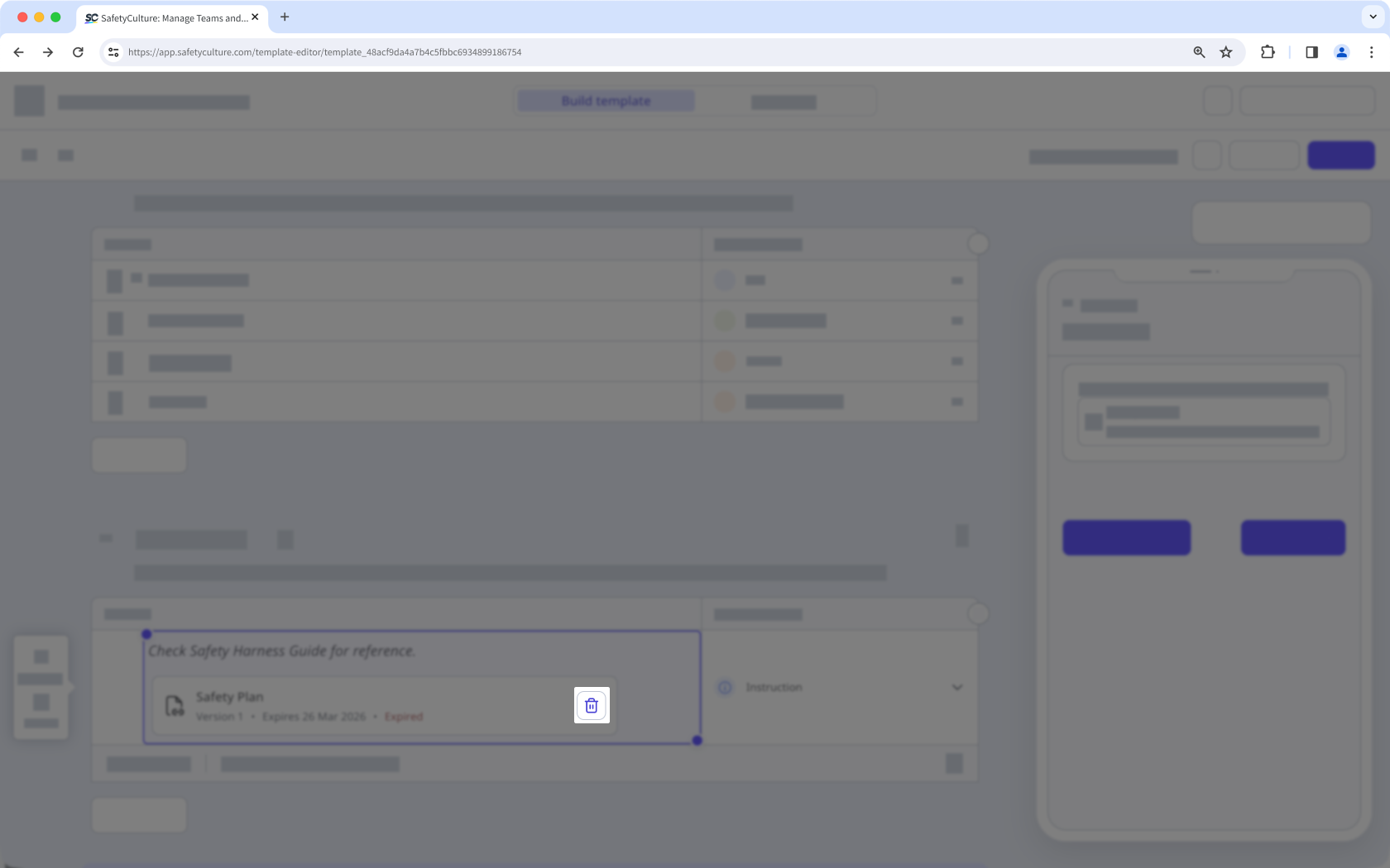 The edit template page showing the button to remove a file from an instruction.