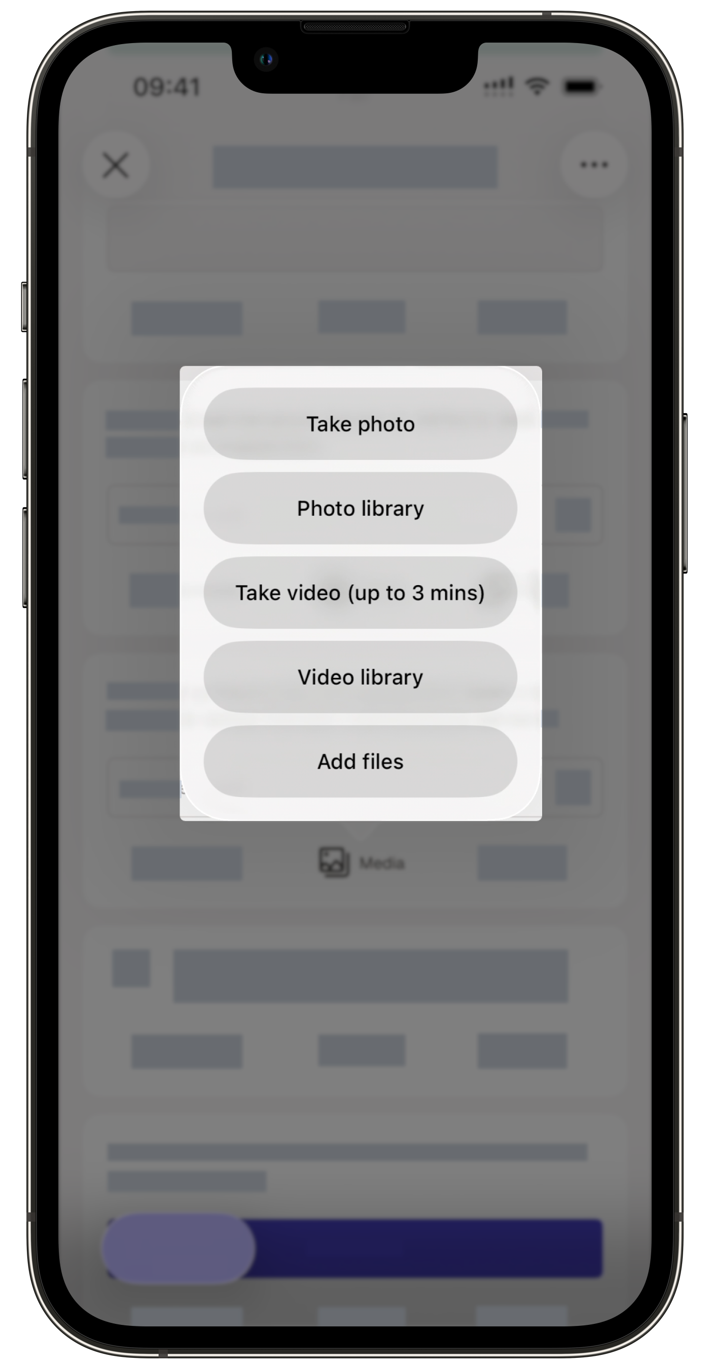 The Add media dialog in inspections listing Take photo, Photo library, Take video (up to 3 mins), Video library, and Add files.