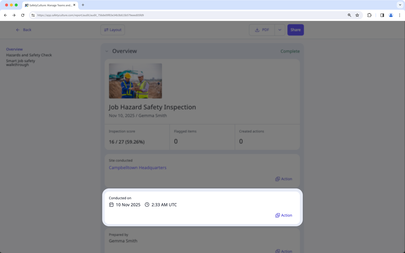 Captura de pantalla de la marca de tiempo en una inspección completada a través de la aplicación web.