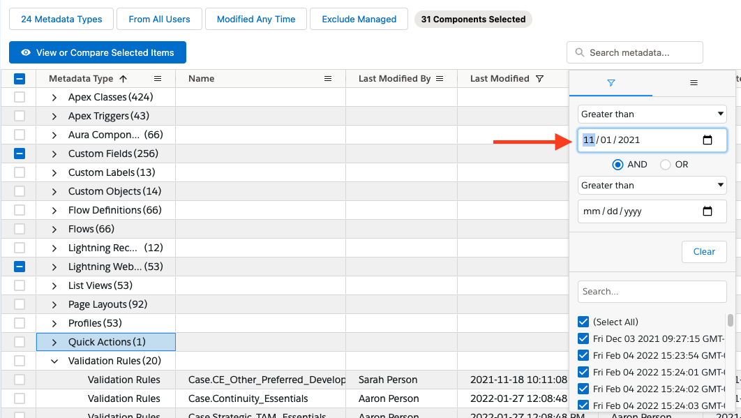 deploy-metadata-date-filter