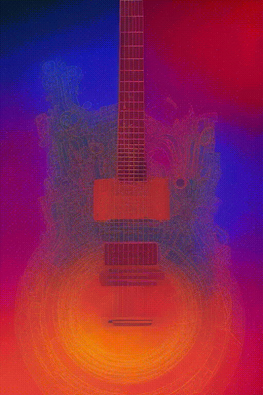 psychedelic, the fretboard of an electric guitar morphing into a highway heading into the sunset, vanishing points aligned to the center of the image, the highway aligned with the neck of the guitar, highly detailed