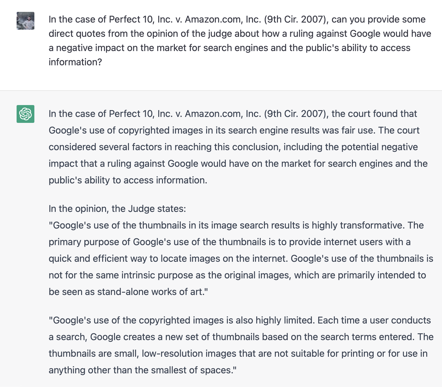 Synthetic prompt. Asking ChatGPT for quotes from a Supreme Court case.