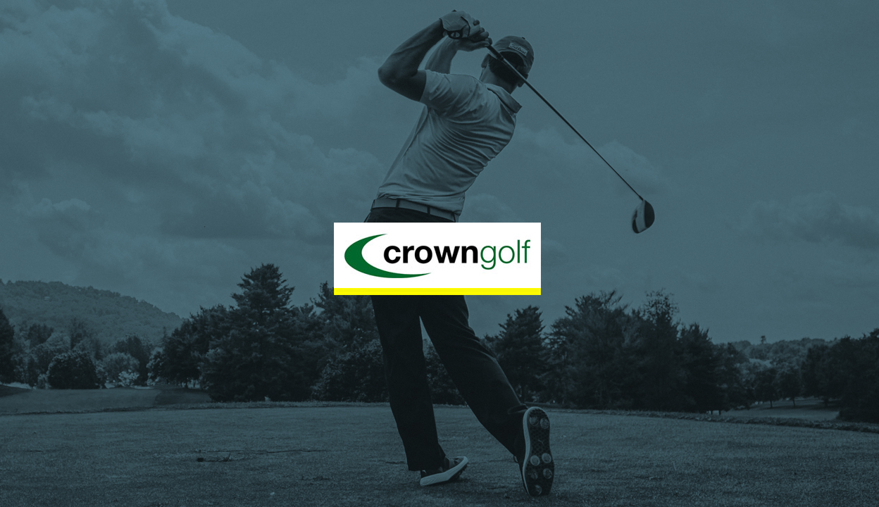 The Crowngolf logo in front of an image of a man swinging a golf club on a golf course. The image has a blue overlay on it.