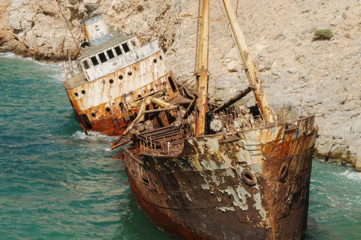 The Olympia shipwreck near Kalotaritissa Beach in Amorgos, Greece. 