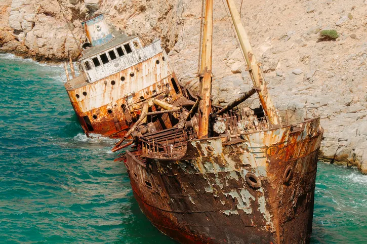 The Olympia shipwreck near Kalotaritissa Beach in Amorgos, Greece.