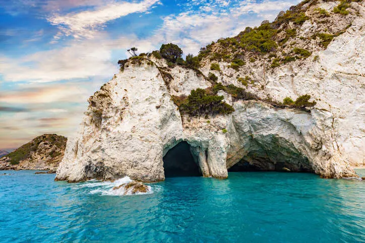 The breathtaking Keri Caves and cliffs on Zakynthos island. 