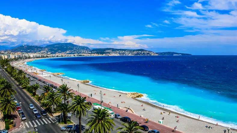 The Promenade des Anglais and stunning azure waters of Nice, France.