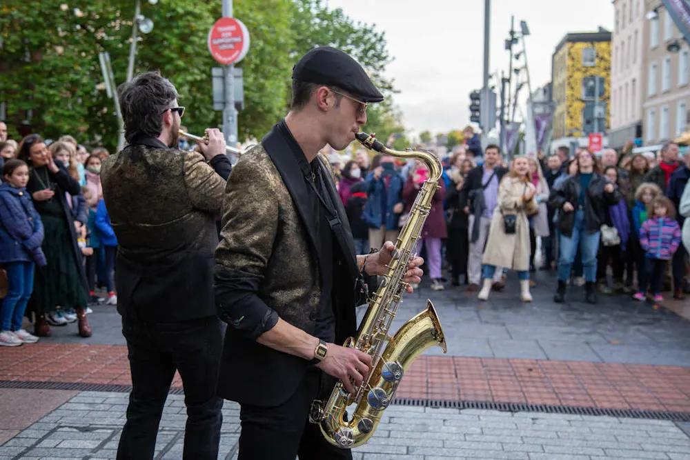 Jazz musicians take to the streets of Cork City for the Guinness Cork Jazz Festival.