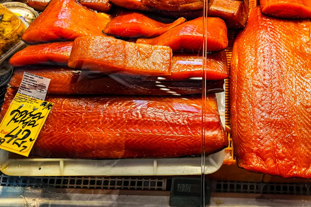 Smoked salmon on display at Riga’s Central Market, the largest in Eastern Europe.
