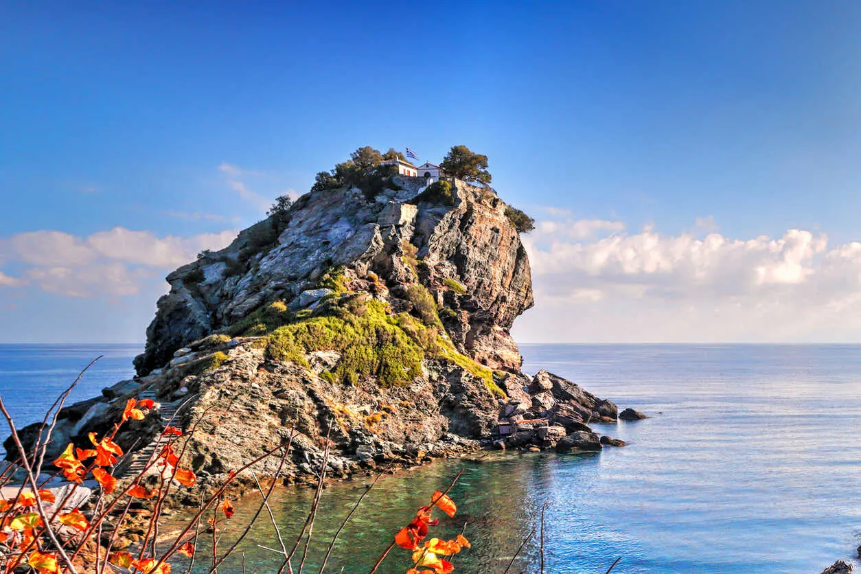 Agios Ioannis Kastri chapel perched atop a rocky hill in Skopelos.