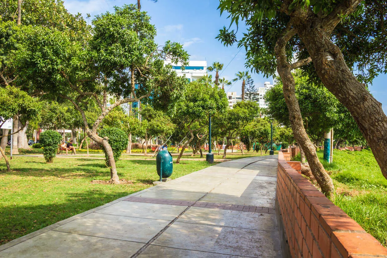 Domodossola Park in Miraflores. Park views are rare in Lima, where most buildings face each other.