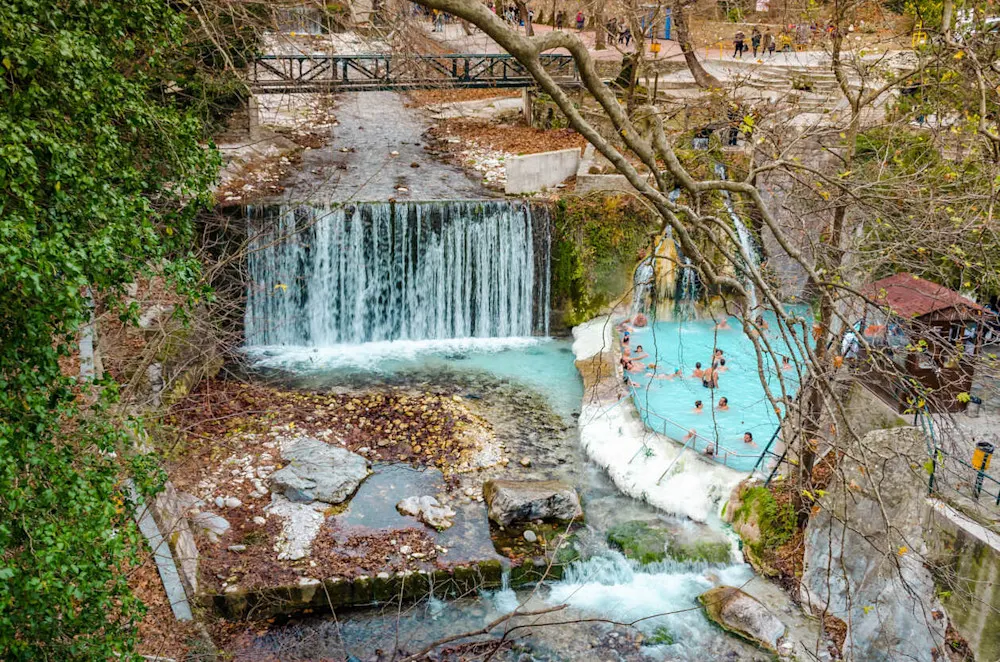 Waterfalls cascade through the heart of Edessa’s charming old town.