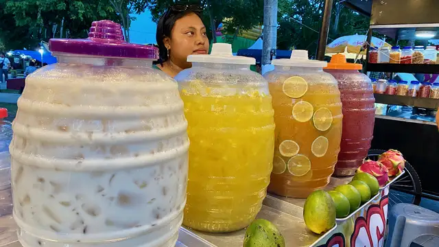 Left to right: Horchata, mango agua fresca, orange juice, pitaya (dragon fruit) agua fresca.