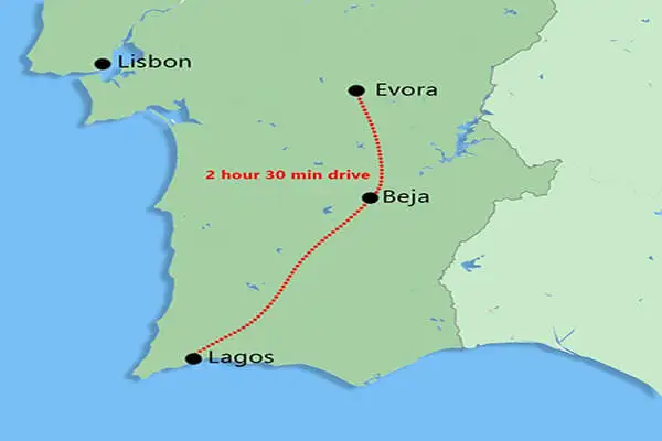 Portugal’s Alentejo region is anchored by two towns, Evora and Beja. Last message he sent me, Eoin’s driving south to the Algarve.
