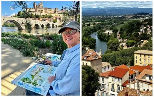 Here I am (left) enjoying an outdoor sketching class in Béziers, France (right).