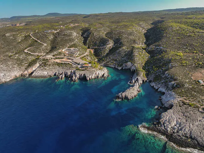 An aerial view of Porto Limnionas, a stunning inlet on the west coast. 