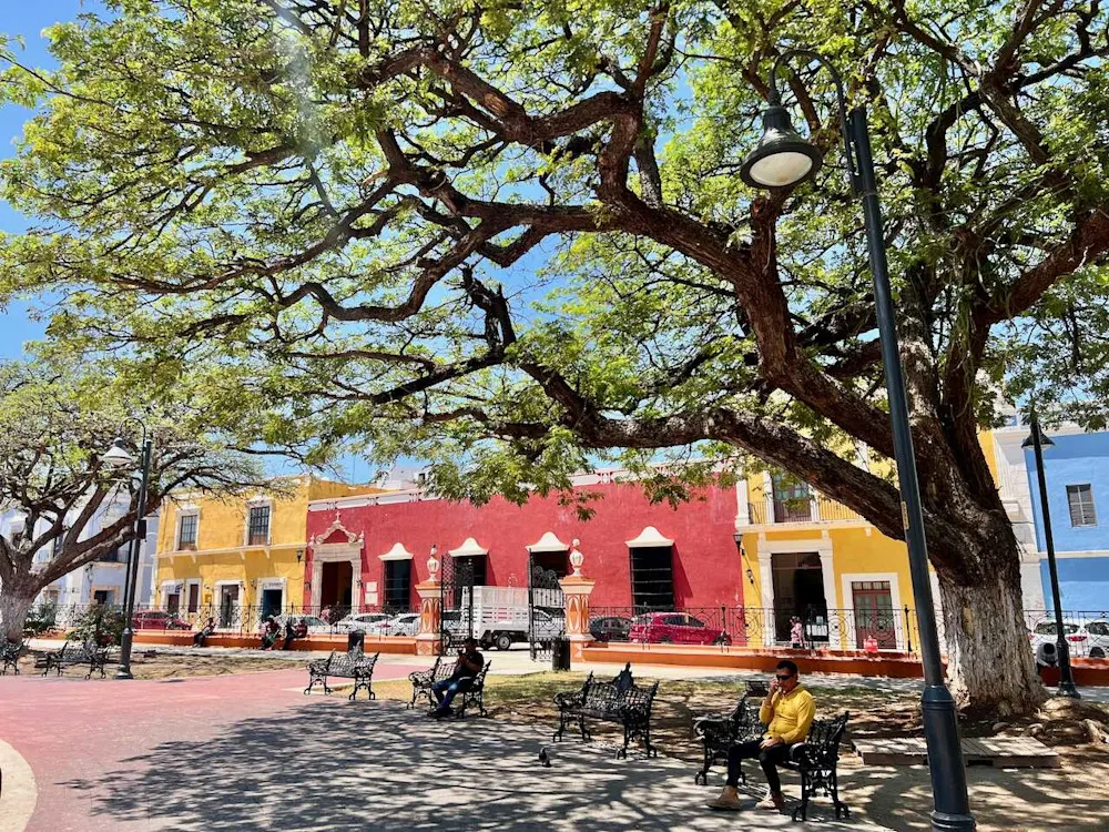 Rainbow-colored buildings brighten the streets of Campeche’s historic center.