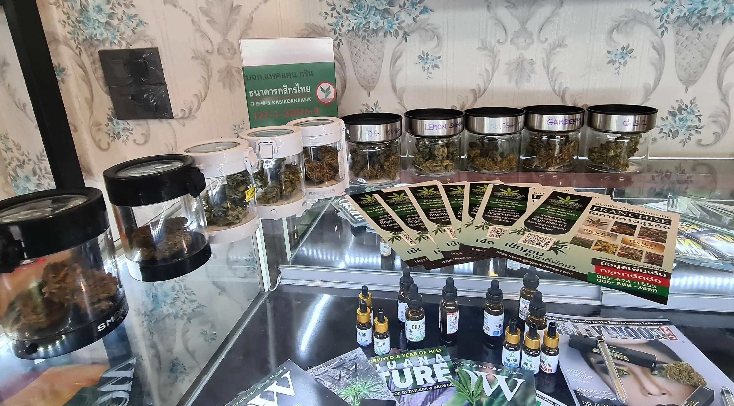 A cannabis shop in Thailand displays a variety of products, from CBD oils to high-grade marijuana strains.