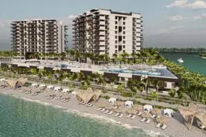 This developer's render is not final but gives you an idea of how this community—and the planned private beach—is going to look.