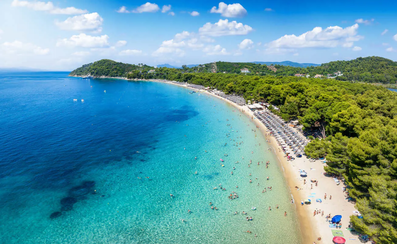 Aerial view of stunning Koukounaries Beach on Skiathos Island.