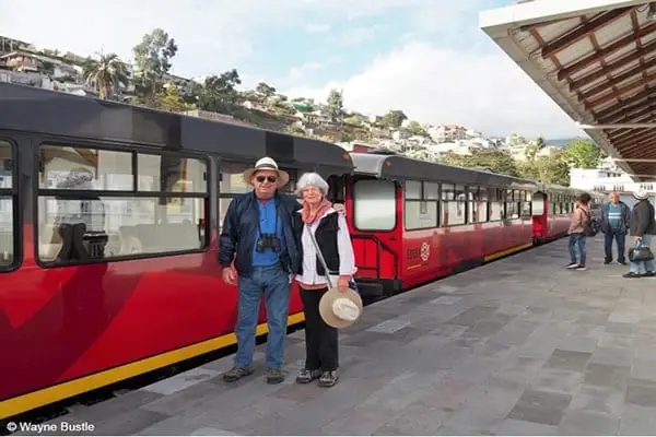 Wayne and Mary boarding a narrow gauge tourist train to Salinas.