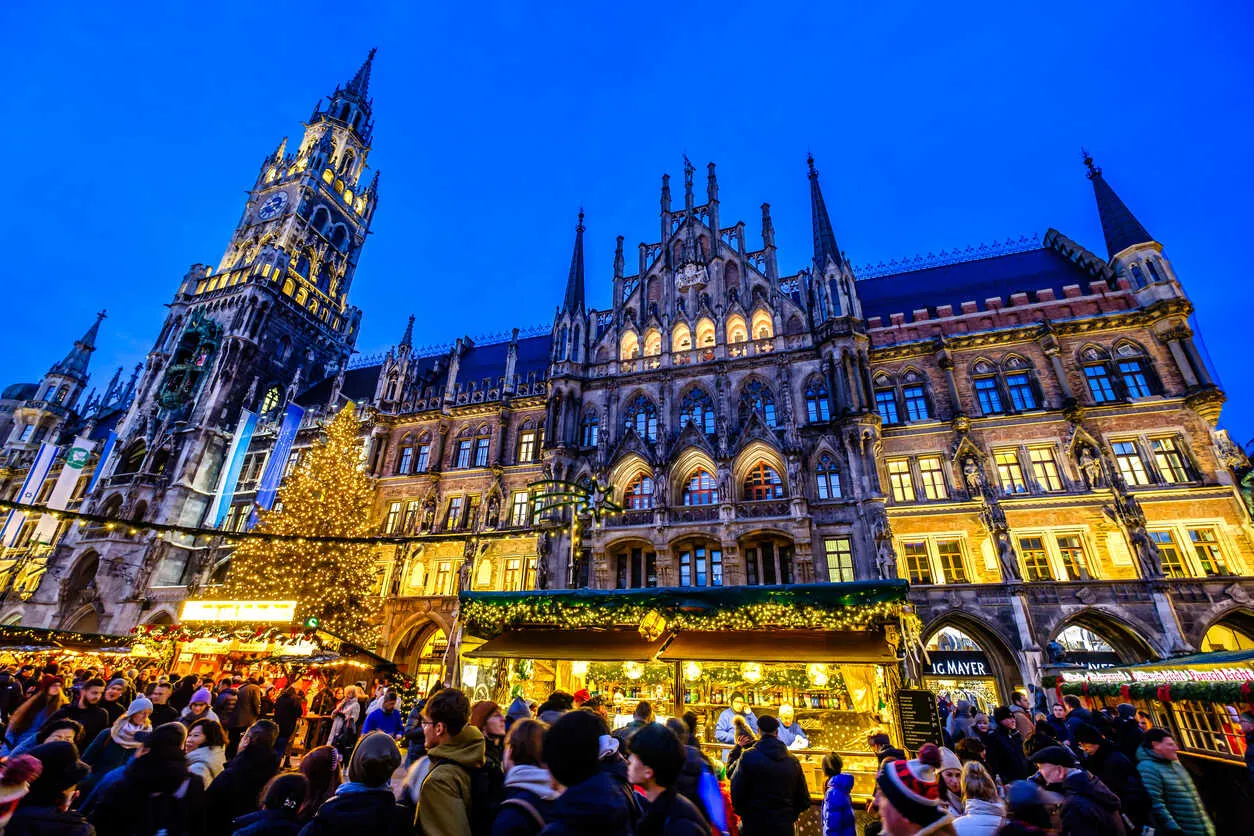 Marienplatz dazzles with its giant tree, glowing stalls, and festive crowds.