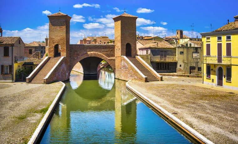 Trepponti, a picturesque bridge over the Canale Pallotta in Comacchio.