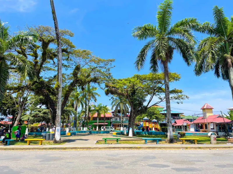 Parque Simón Bolivar in Bocas Town: A vibrant hub for locals and visitors under towering palms.