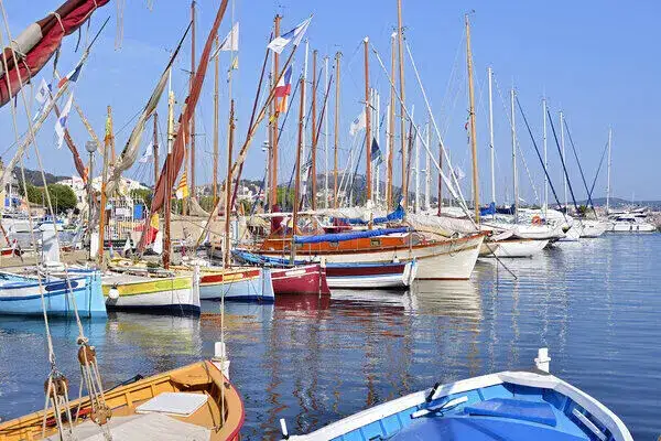 Traditional pointus sailboats line the port at Sanary-sur-Mer. 