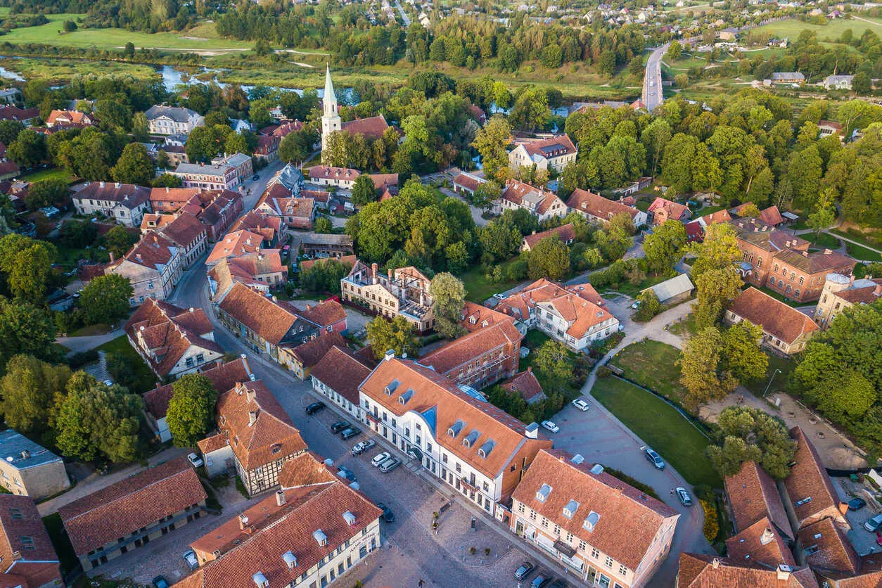 Aerial view of Kuldīga’s Old Town, showcasing its charming streets and historic architecture.