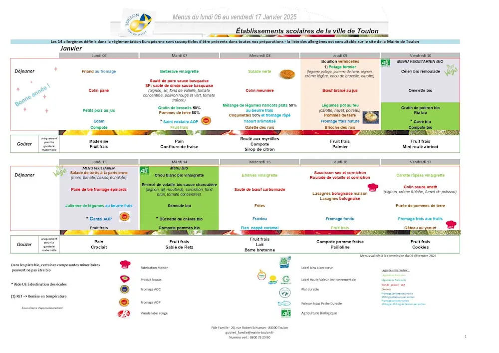 A look at the current public school lunch menu in Toulon—three gourmet courses, French-style.