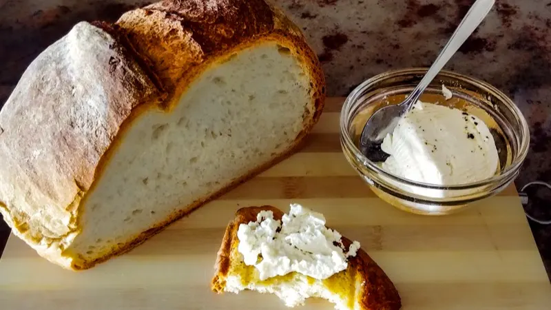 Our favorite breakfast is Gozitan toasted bread with fresh goat cheese and honey.