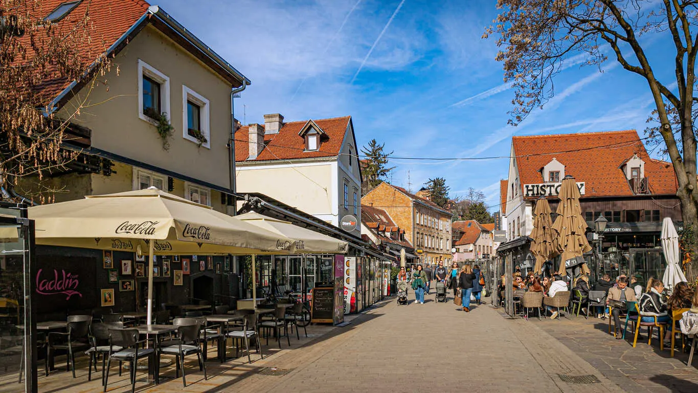 Tkalčića Street buzzes with cafés, bars, and evening energy.