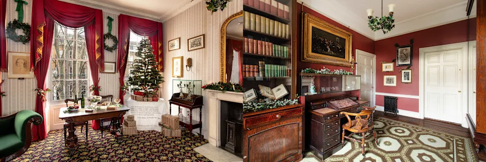 The Christmas tree adorns Dickens’s drawing room, while his study features the original desk where he penned A Tale of Two Cities and Great Expectations.