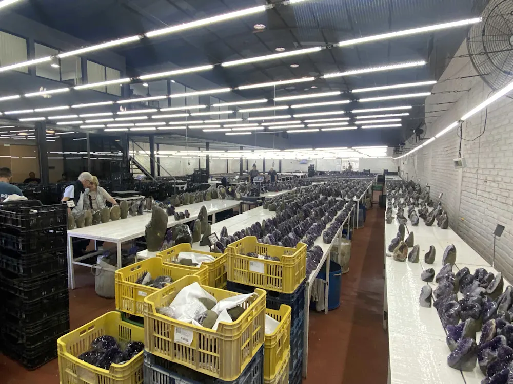 Main showroom at Le Stage Minerals, filled with geodes and crystals.