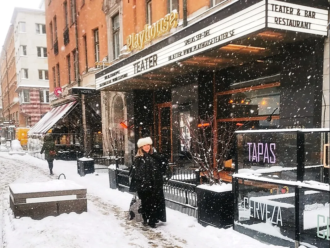 Tricia on a snowy day in Stockholm, Sweden.
