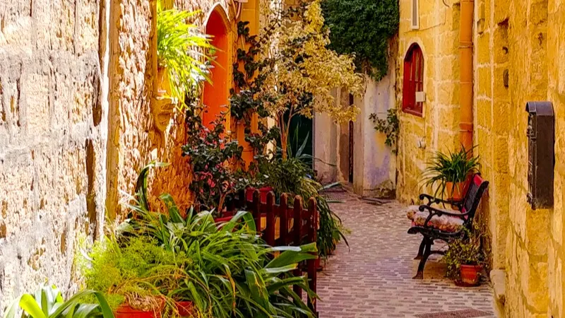 A narrow winding street and farmhouse in Gozo.