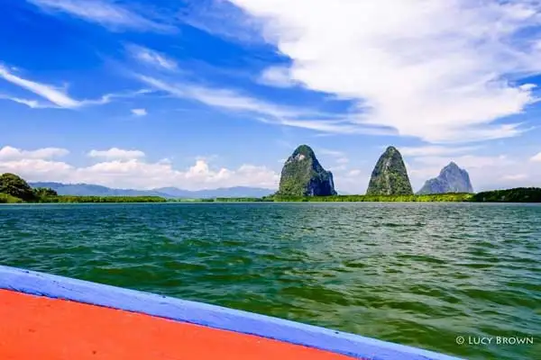 View of limestone karsts and mangroves from a longtail boat, Phang Nga Bay.