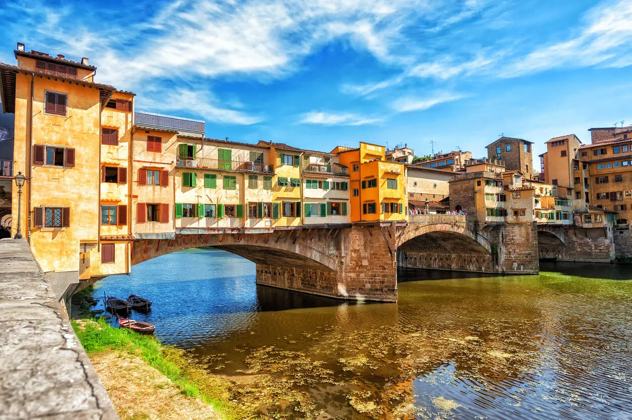 The Ponte Vecchio in Florence is a medieval bridge lined with shops. It was the only bridge in the city to survive World War 2.