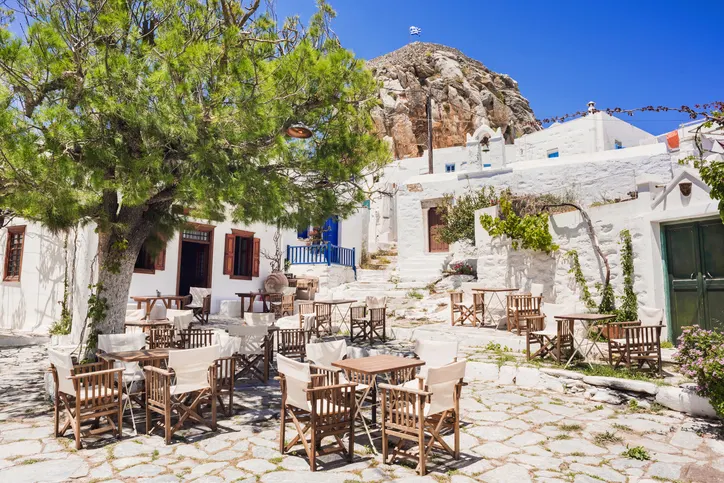 A charming street in Amorgos, Greece.