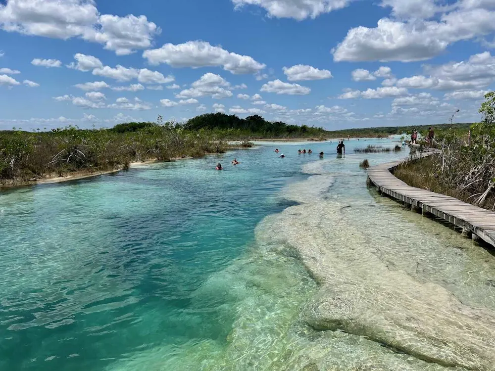 Floating over stromatolites at Bacalar’s serene Los Rapidos.