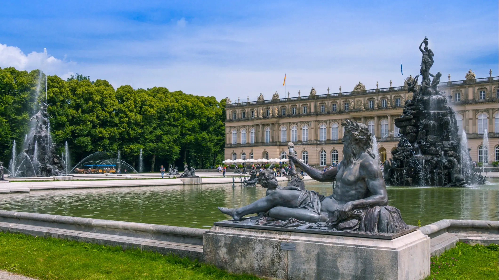 Incredible statues adorn the fountains in the expansive gardens of Herrenchiemsee